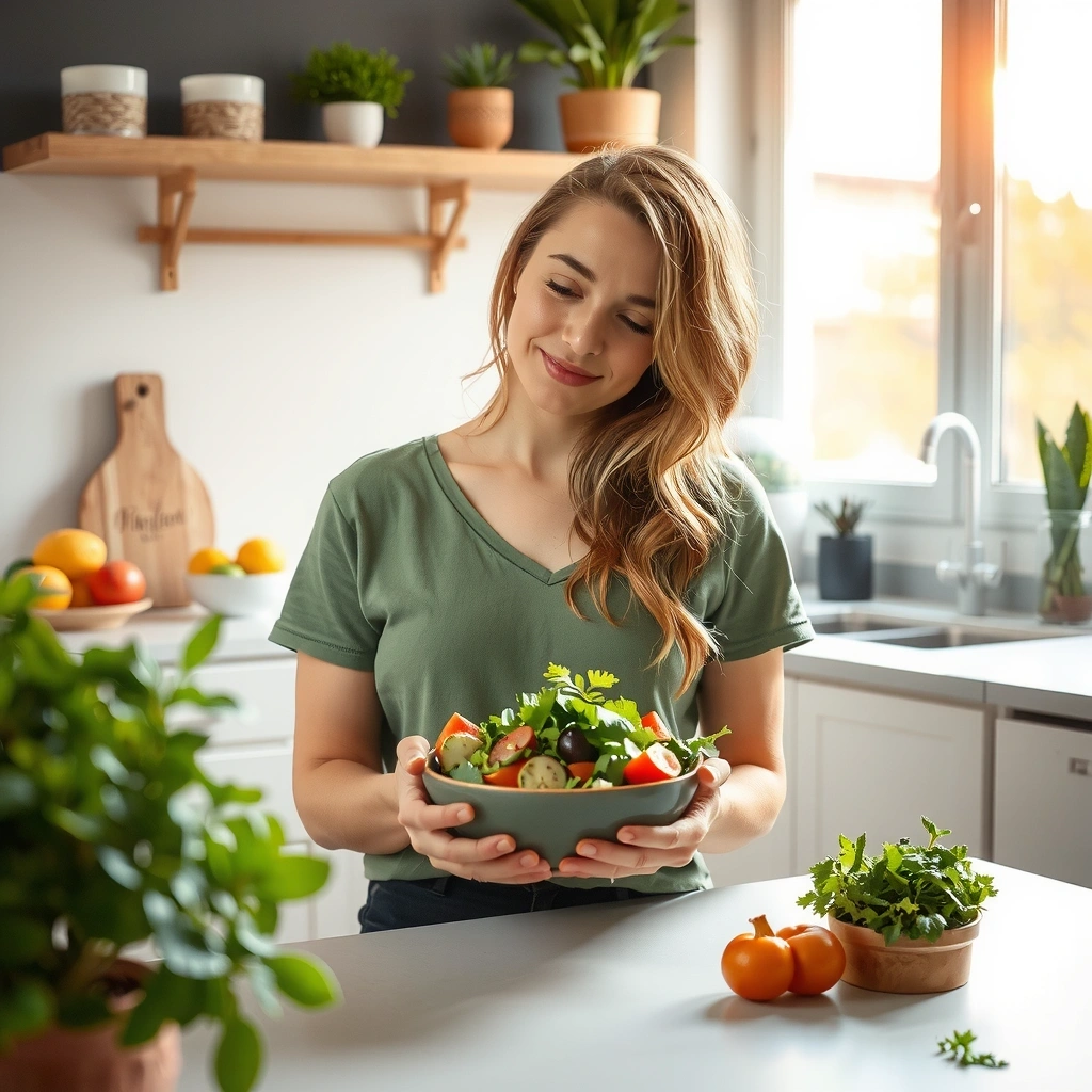 Frau genießt ein gesundes Frühstück in einer hellen Küche